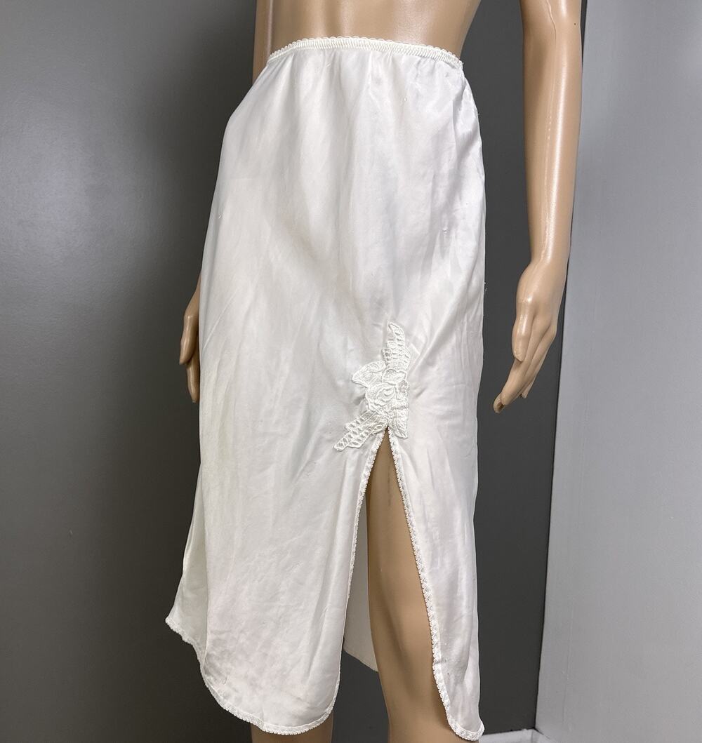 Vintage Olga Satin Half Slip Skirt White Cream Silky Small Tall Appliqué Slit